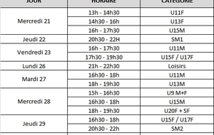 Planning de remplacement des entrainements vacances Toussaint