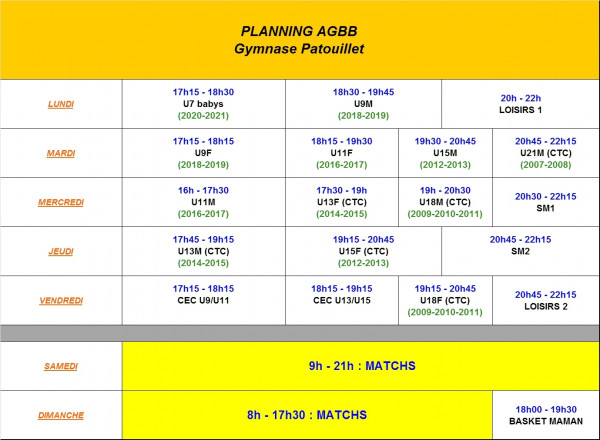 Planning des entraînements 2026-2027