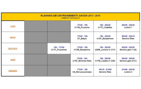 Planning des entraînements 2013-2014