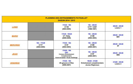 Planning des entraînements 2014-2015