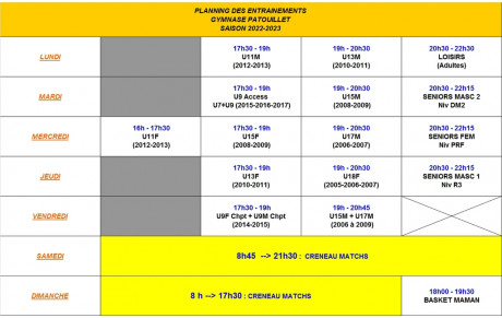 Planning entraînements 2022-2023 gymnase Patouillet